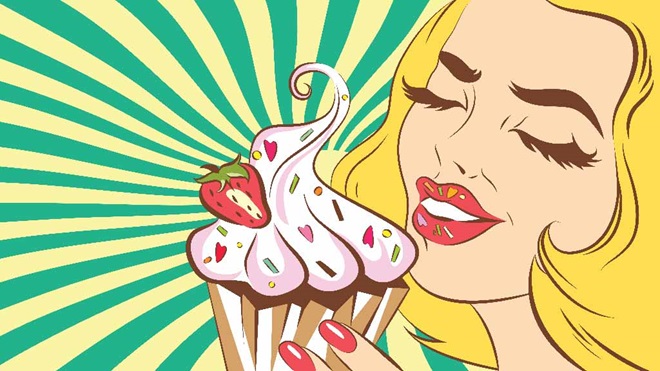 woman eating cupcake illustration